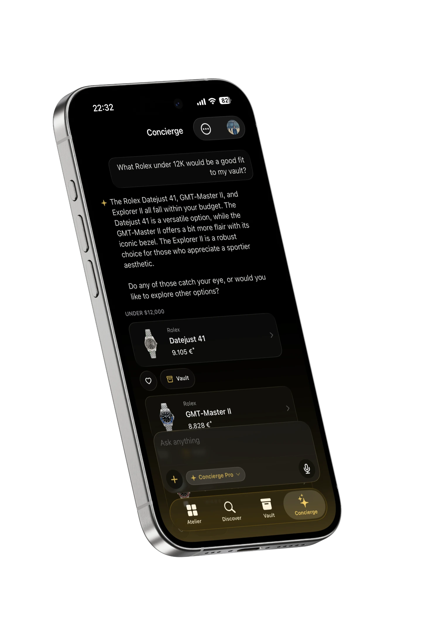 Calibre AI Concierge chat answering a watch question