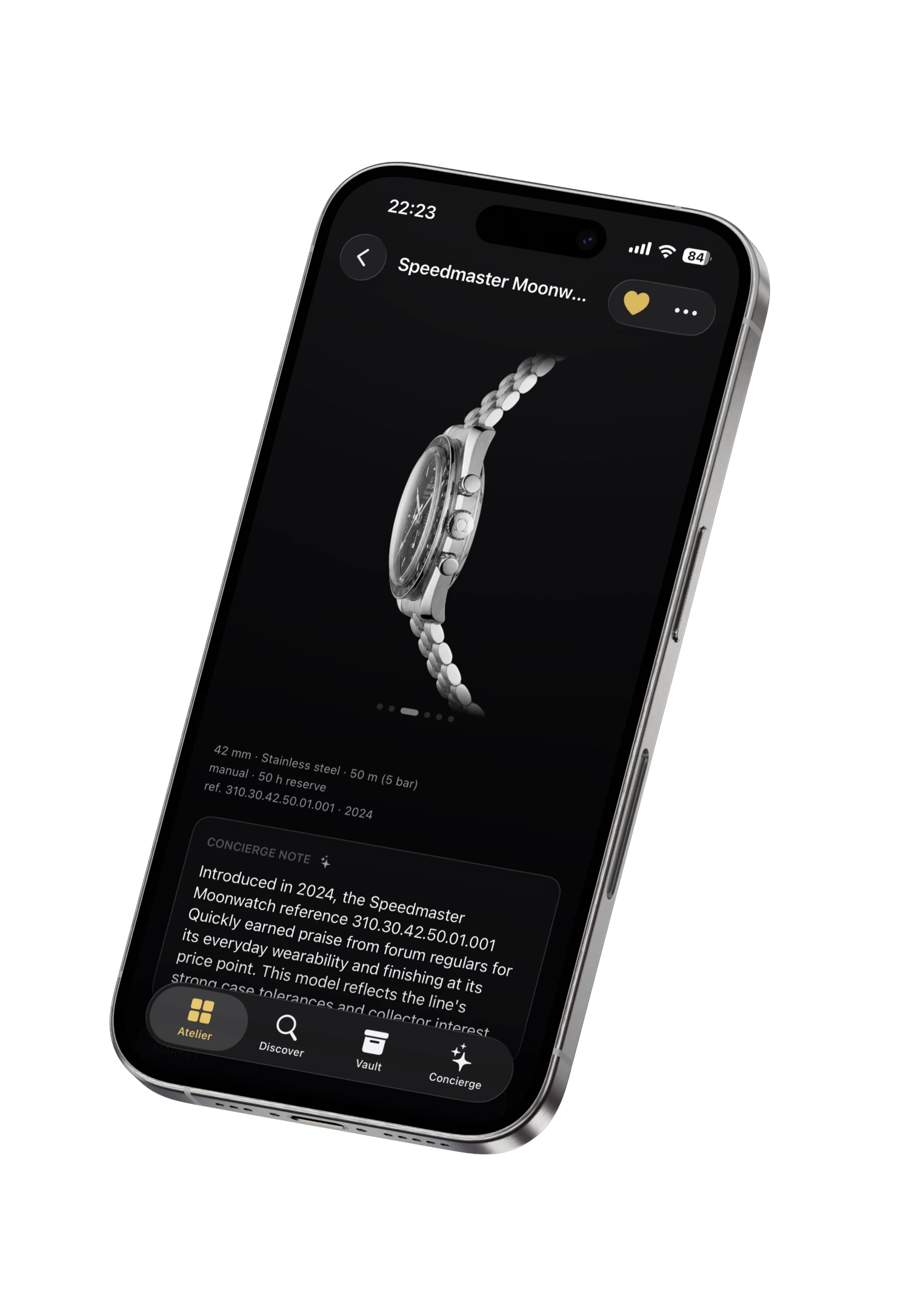 Calibre watch detail screen with full specifications